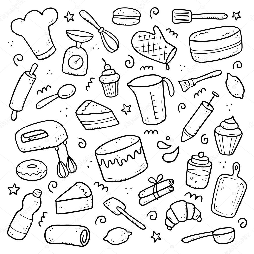 Hand drawn set of baking and cooking elements