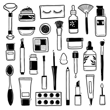 El çizimi makyaj güzellik kozmetik elementleri.