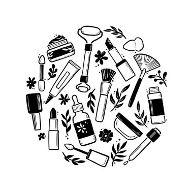 El çizimi makyaj güzellik kozmetik elementleri.