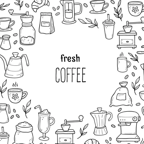 Ręcznie rysowane ikony wokół napisu Fresh Coffee — Wektor stockowy