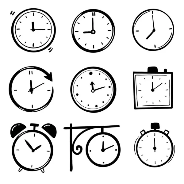 Horloge dessinée à la main ensemble illustration — Image vectorielle