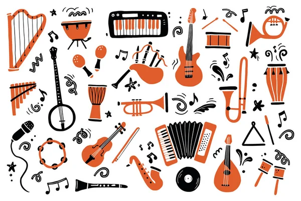 Handgetekende set van verschillende soorten muziekinstrumenten — Stockvector