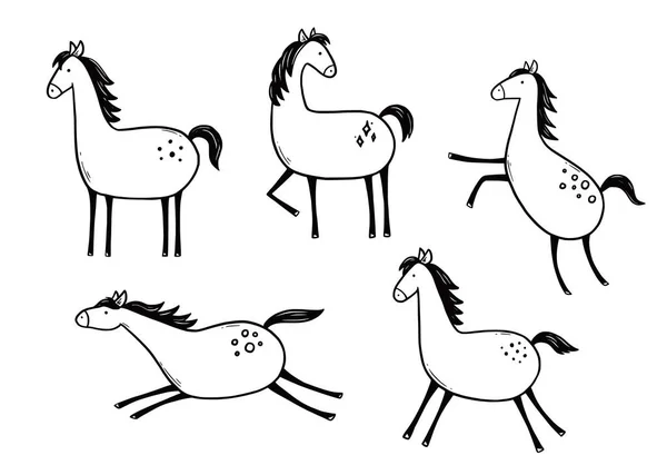 Doodle paardenset. Handgetekende schets — Stockvector