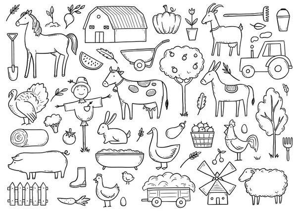 Hand drawn set farm animal, farmer food. — Stock Vector