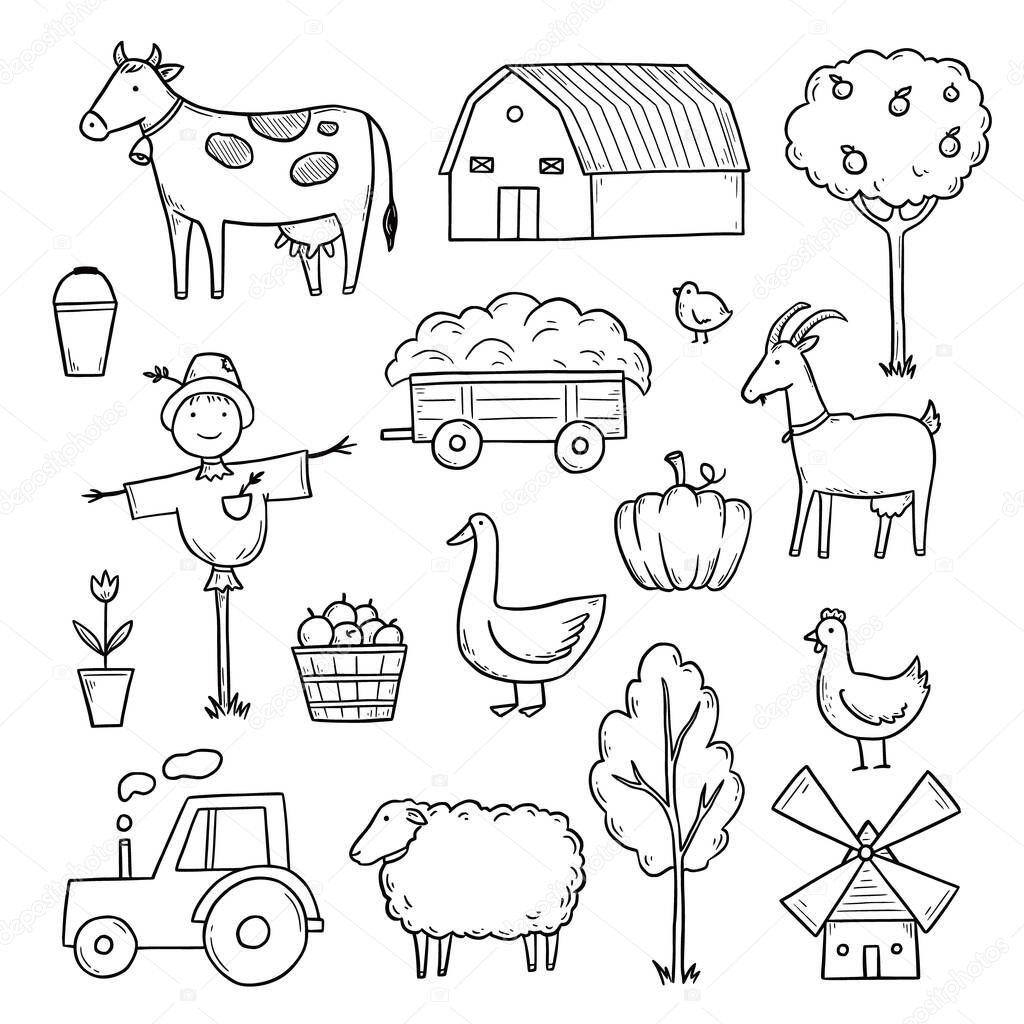 Hand drawn set farm animal, farmer food.