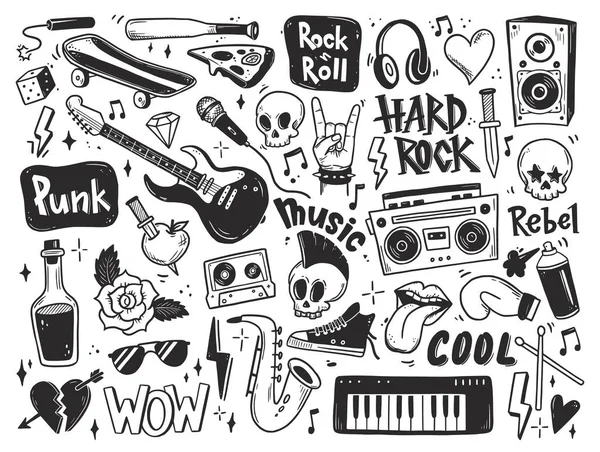 Rock n roll, punk music doodle set. — Vector de stoc