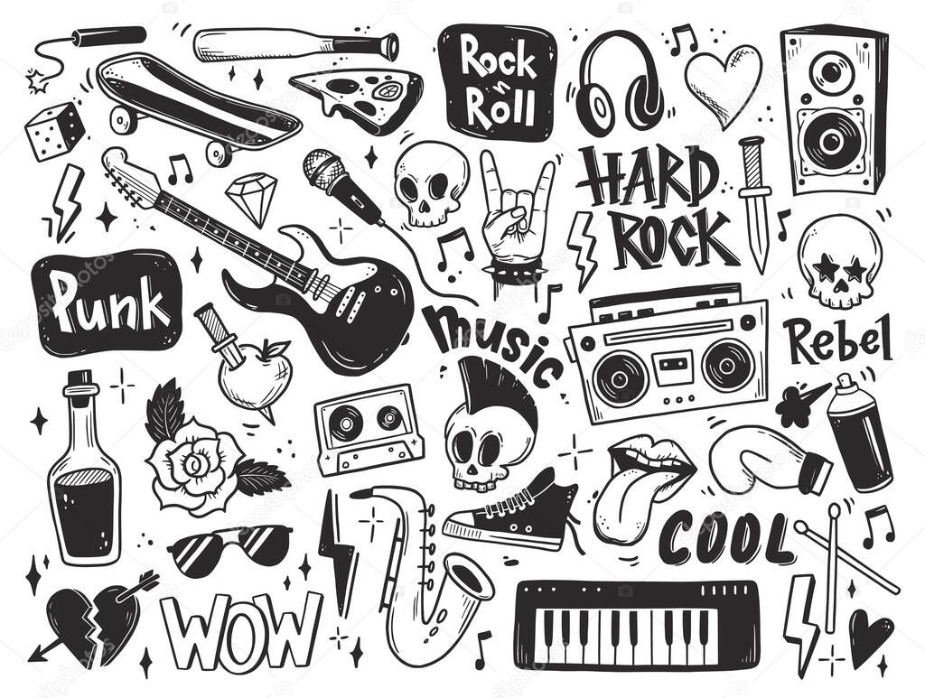 Rock n roll, punk music doodle set.