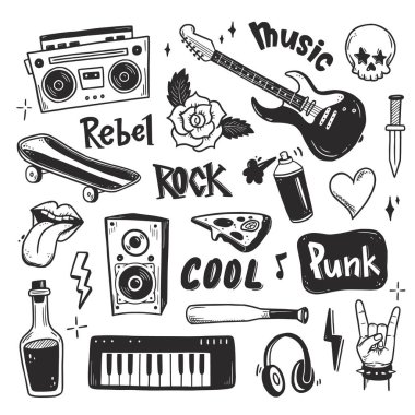 Rock n roll, punk müzik karalama seti.