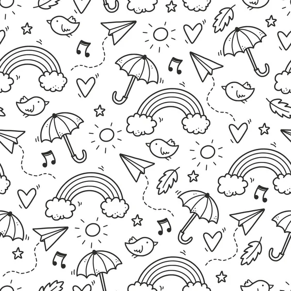 Niedliches nahtloses Doodle-Muster mit Wolke, Regenbogen — Stockvektor