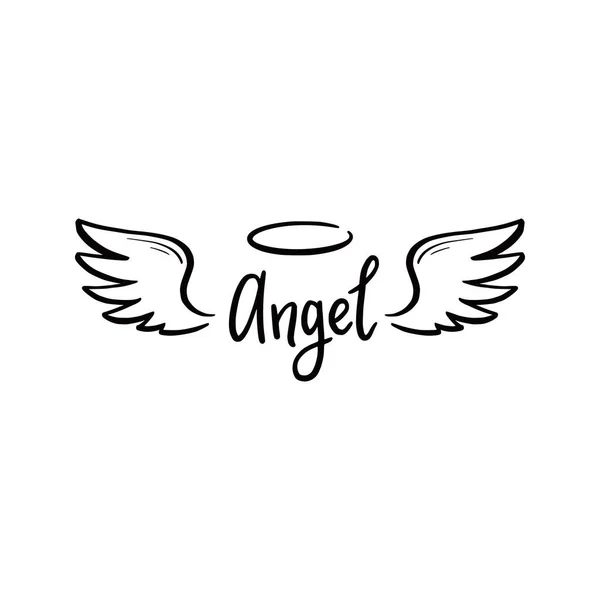 Ala de ángel con halo y texto de letras de ángel — Vector de stock