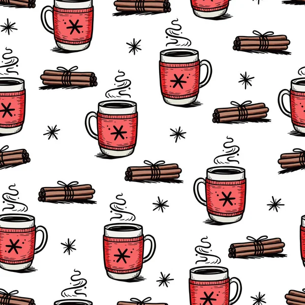 Patrón de Navidad con bebida caliente de café de invierno — Vector de stock