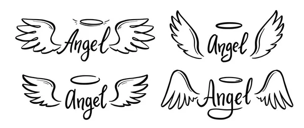 Ala d'angelo con alone e testo in lettere d'angelo — Vettoriale Stock