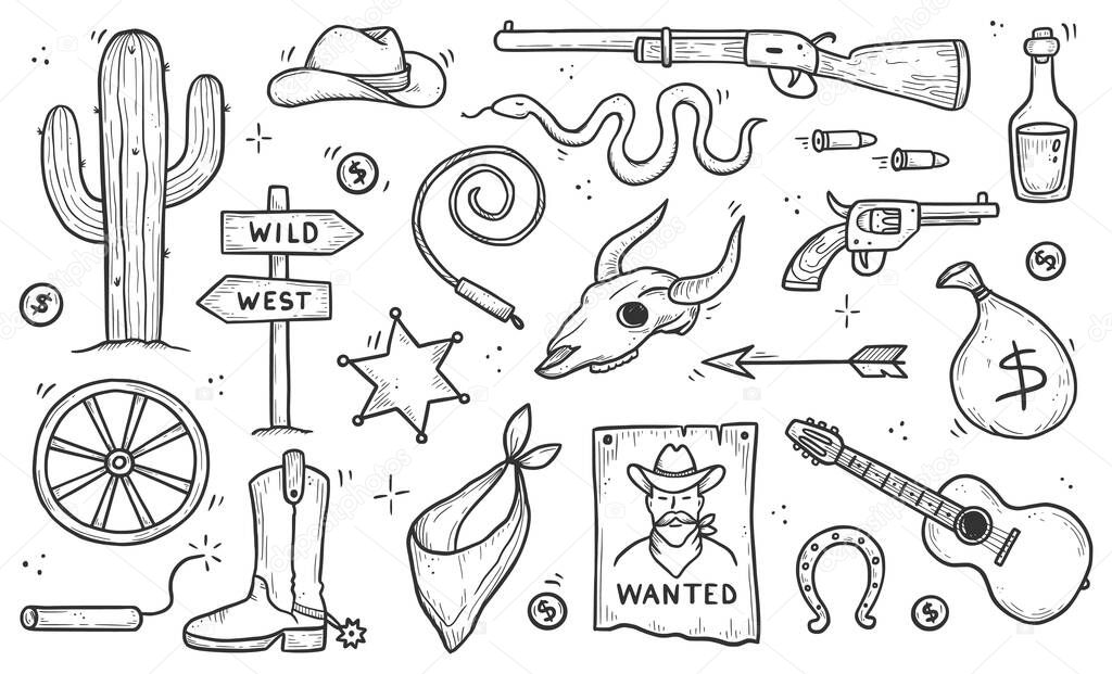 Cowboy western doodle set. Hand drawn