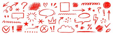 Red color pencil line elements set. Hand drawn red color crayon pencil, texture brush stroke arrow, highlight, check mark doodles. Marker arrow, chalk sketch square, emphasis. Vector illustration
