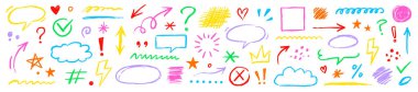 Crayon chalk pencil line elements set. Hand drawn kid color crayon pencil, texture brush stroke arrow, highlight, frame doodles. Marker arrow, chalk scribble underline, emphasis. Vector illustratio