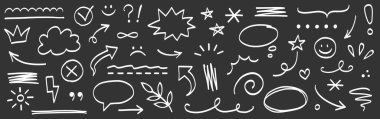 Hand line marker sketch icon set. Hand drawn marker brush stroke underline, asterisks, highlight frame elements. Doodle sketch drawn style arrow, smile, heart and star shapes. Vector illustration