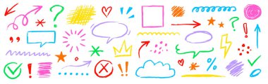 Crayon chalk pencil line elements set. Hand drawn kid color crayon pencil, texture brush stroke arrow, highlight, frame doodles. Marker arrow, chalk scribble underline, emphasis. Vector illustratio