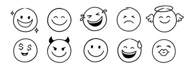 Yüz simgesi seti. El çizimi eskiz stili mutlu, kızgın, üzgün ruh hali ifadesi. Komik çizgi film karakterleri gülümser, göz kırpar, öpücük emojisi yapar. Sevimli çembersel duygu öğesi. Vektör illüstrasyonu