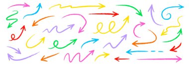 Ok pastel kalem tebeşirle renk çizgisi vuruşu. Çizim tebeşiri renkli kalem desenli çocuk ok ikonu. El çizimi grunge pastel kalem fırçası yön elementleri. Vektör illüstrasyonu