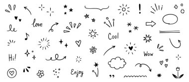 Çizgi oku, yıldız, kalp simgesi elementleri. El çizimi kalp, ok, yıldız, çiçek süsleme sembolleri. Basit taslak çizim tarzı vurgu, dikkat, grafik elementler. Vektör illüstrasyonu