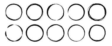 Hand drawn round circle chalk vector set. Crayon pencil brush stroke black oval round shape. Scribble doodle hand drawn crayon, ink splash, rough dot texture circle elements. Vector illustration