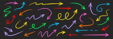 Ok pastel kalem tebeşirle renk çizgisi vuruşu. Çizim tebeşiri renkli kalem desenli çocuk ok ikonu. El çizimi grunge pastel kalem fırçası yön elementleri. Vektör illüstrasyonu