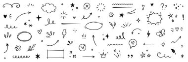 Cute line sketch star, arrow, heart design element icon set. Hand drawn sketch doodle cute star, heart, flower element. Line text decoration scribble decoration icon. Hand drawn Vector illustration
