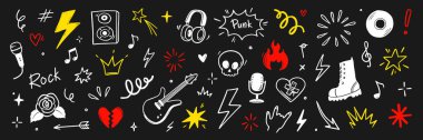 Rock n roll punk müzik karalama ikonu seti. Graffiti, dövmeli el karalama çıkartması, yazı, kafatası, kalp, paten, el hareketi. Keçeli kalemle müzik simgeleri çiz. Grunge kaya vektör illüstrasyonu