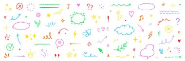Satır elemanı ok, bulut, kalp şirin tasarım ikonu seti. El çizimi fırça çizimi, karalama, güzel yıldız, kalp, çiçek unsuru. Satır metin dekorasyonu süslemesi. El çizimi Vektör illüstrasyonu
