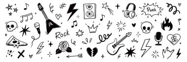 Punk gitar etiketleri, grunge kurukafaları, el hareketleri, yıldızlar ve dövme stili bant sembolleri olan rock and roll müzik ikonları. El çizimi grunge doodle tarzı rock müzik ikonları. Vektör illüstrasyonu