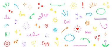 Çizgi oku, yıldız, kalp simgesi elementleri. El çizimi kalp, ok, yıldız, çiçek süsleme sembolleri. Basit çizim çizimi biçimi soyut grafik elementleri vurgular. Vektör illüstrasyonu