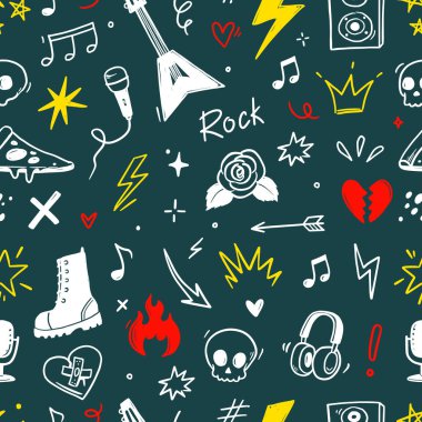 Gitarlı, kafataslı, punk sembollü kusursuz rock müziği. Rock müzik festivali arka planı için yıldızlar, güller ve yıldırımlar içeren el çizimi grunge çıkartmaları. Vektör illüstrasyonu