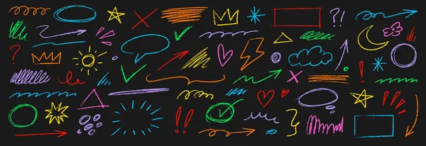 Kalem rengi boya kalemi çizgisi ayarlandı. El çizimi tebeşir darbesi rengarenk girdap, çiçek, bulut ve ok şeklinde boya kalemi pürüzlü deseni. Çocuklar arka planı boyar. Vektör illüstrasyonu