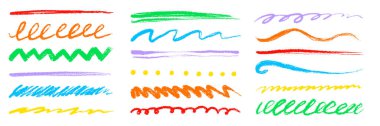 Renkli el fırça darbeleri ve altı çizili çizgiler. Tebeşir desenli kalem izleri, pastel karalamalar, tebeşir rengi çizgiler. Boya kalemi deseni fırça darbesi sert vurgu şekilleri. Vektör illüstrasyonu
