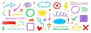 El çizimi pastel oklar, tebeşir daireler, nokta renk seti. Dokulu tebeşir darbeleri çocuksu karalamalar, noktalar, pastel desenli altçizgi, yıldız, ok elementleri. Vektör illüstrasyonu