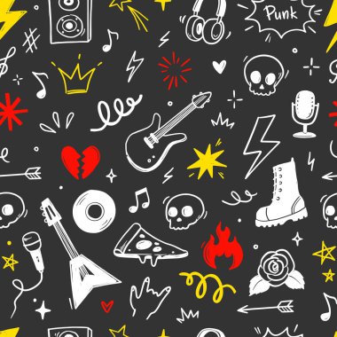 Gitarlı, kafataslı, punk sembollü kusursuz rock müziği. El çizimi karalamalar çıkartmalar yıldızlar, güller ve aşk kalbi rock müzik arka planı, dövme tasarımı. Vektör illüstrasyonu