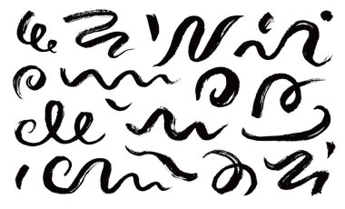 Fırça darbeleri girdap, çizgi eğrisi, kaligrafi sarmal elementleri. El çizimi Çin mürekkebi fırçası fırça darbesi, fırça darbesi, fırça darbesi, fırıl fırıl fırıl fırıl fırıl fırıl sallanma. Grunge deseni soyut çizgi seti. Vektör illüstrasyonu