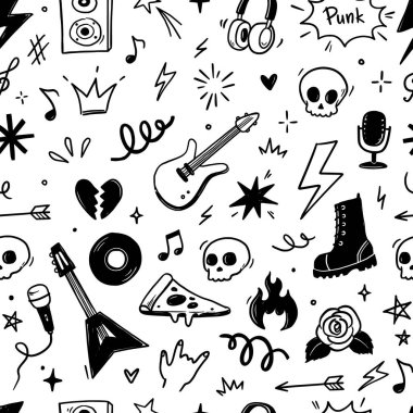 Gitarlı, kafataslı, punk sembollü kusursuz rock müziği. Rock müzik festivali arka planı için yıldızlar, güller ve yıldırımlar içeren el çizimi grunge çıkartmaları. Vektör illüstrasyonu