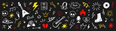 Kaya elementleri, şimşekler ve yazı tahtasında yaratıcı grup tasarımları için graffiti stili dövme çıkartmaları olan el çizimi müzik ikonları. Marker müzik simgeleri çiziyor. Vektör illüstrasyonu
