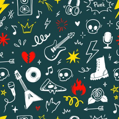 Gitarlı, kafataslı, punk sembollü kusursuz rock müziği. El çizimi grunge sticker 'lar, yıldızlar, güller ve yıldırımlar rock müzik arka planı, dövme tasarımı için. Vektör illüstrasyonu