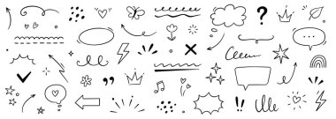 Şirin çizim yıldızı, ok, kalp dekorasyon unsuru simgesi seti. El çizimi, karalama, sevimli yıldız, vurgu, çiçek unsuru. Kalem satırı metin dekorasyonu şekilleri. El çizimi vektör illüstrasyonu