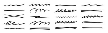 Çizgi altı çizili vektör seti. El çizimi fırça işareti altı çizili, karalama vurgusu vurgulanmış el yazısıyla boyanmış mürekkep çizimi sembolü gündelik metin vurgusu. Vektör illüstrasyonu.