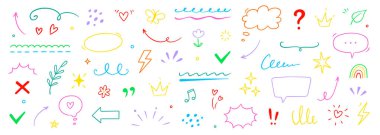 Sevimli çizgi renk yıldızı, ok, kalp süsleme ögesi simgesi seti. El çizimi, karalama, sevimli yıldız, vurgu, çiçek unsuru. Fırça kalem satırı metin dekorasyon simgeleri. El çizimi vektör illüstrasyonu