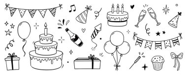 Doğum günü karalama ikonu elementi. El çizimi karalama doğum günü pastası, parti hediyesi, hoş bir şapka dekorasyonu. Parti, karnaval kutlama konsepti. Vektör illüstrasyonu