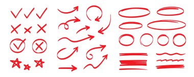Çizgi işaretleyicisi vurgusu, ok, işaret kırmızı seti. Kırmızı çizgili el çizgisi fırça darbesi, altı çizili. Yıldız oval çıkartma işareti karalama vurgusu simge ögesi. Vektör illüstrasyonu