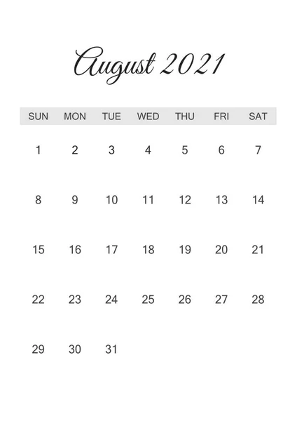 Calendar August 2021 Calendar Hârtie Hârtie Albă — Vector de stoc