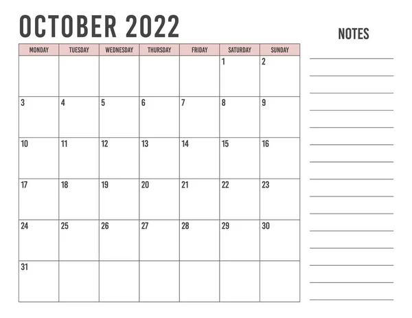 Kalender Oktober 2022 Med Enkel Landskapsdesign — Stock vektor