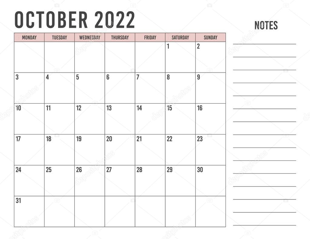  Calendar October 2022 with simple landscape design