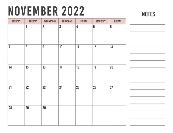 Calendário Simples Novembro 2022 Calendário Novembro 2022 Com Design Paisagem — Vetor de Stock