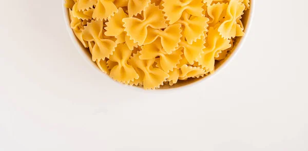 Raw Dry Uncooked Farfalle Pasta Spaghetti Noodle White Bowl Wooden — Stock Photo, Image